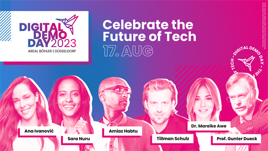 The picture shows the title of the event in the colors purple and white "Digital Demo Day 2023 - Areal Böhler Düsseldorf". In addition, five people are shown with the name lettering. From left to right "Ana Ivanovic", "Sara Nuru", Amiaz Habtu", Tillman Schulz", "Dr. Mareike Awe" and "Prof. Gunter Dueck". 